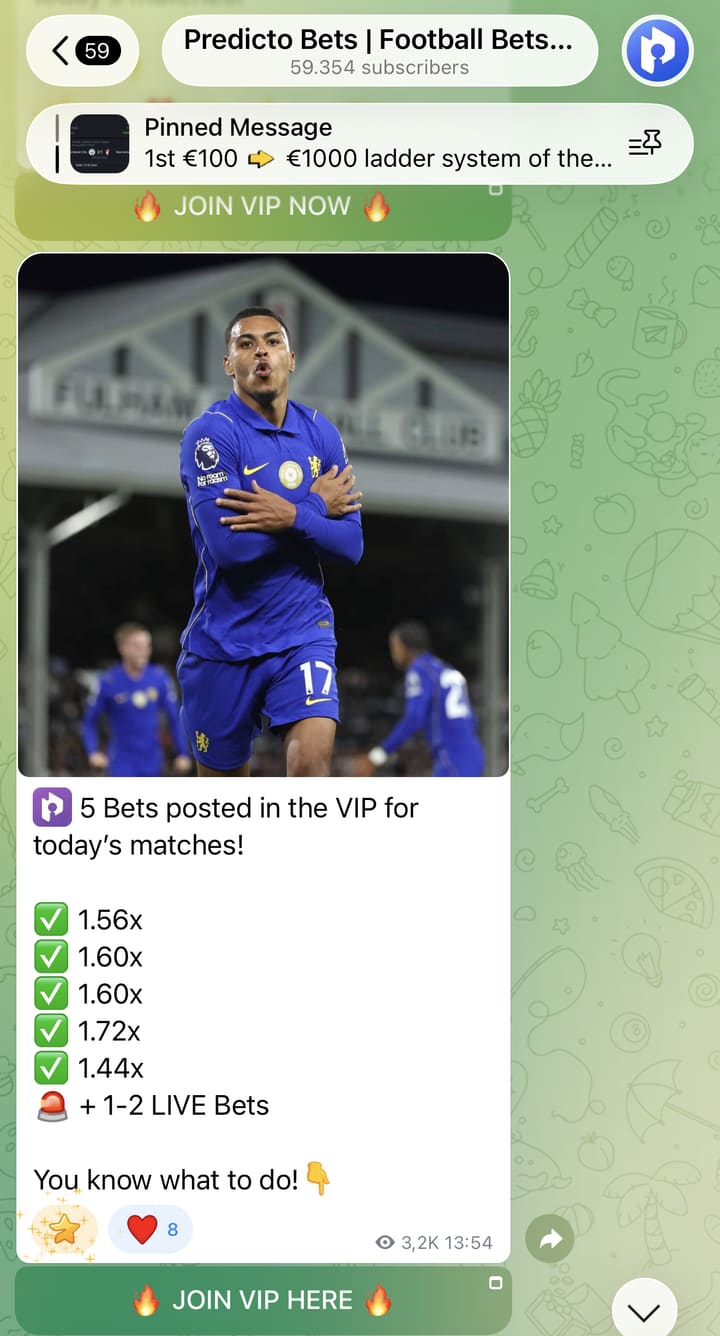PredictoBets Telegram channel: VIP bets posted for today's matches with their odds