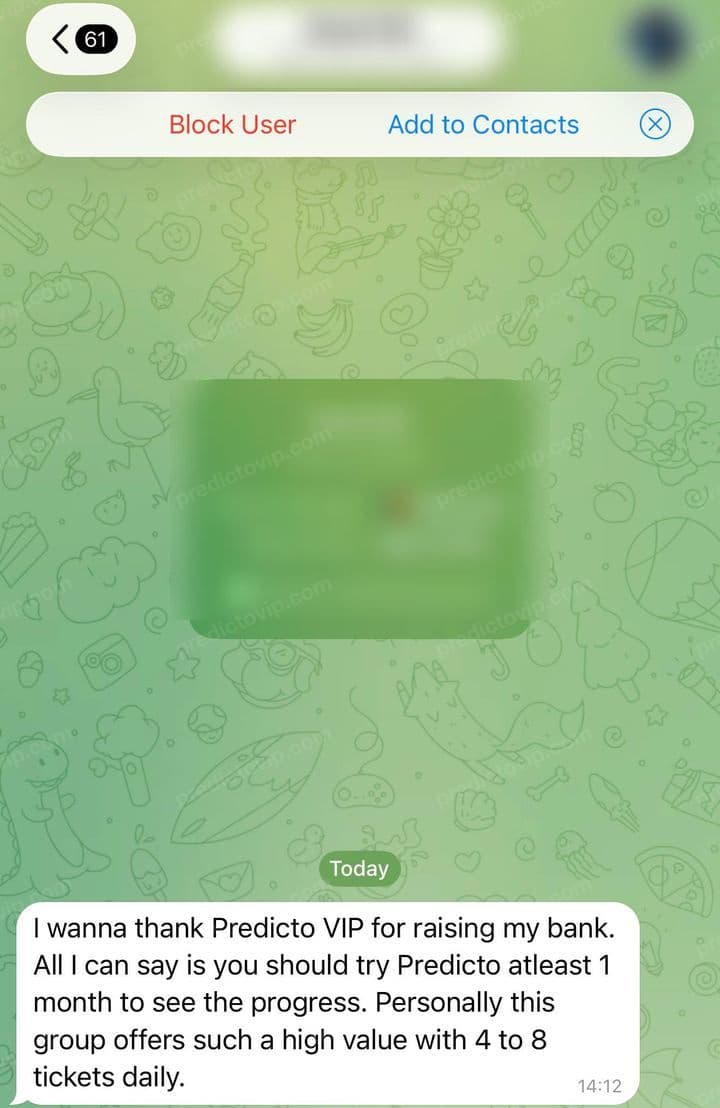 Telegram review from Ionut: I wanna thank Predicto VIP for raising my bank. All I can say is you should try Predicto atleast 1 month to see the progress. Personally this group offers such a high value with 4 to 8 tickets daily.