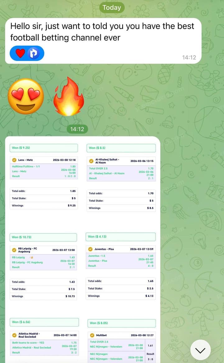Telegram review from Luca: Hello sir, just want to told you you have the best football betting channel ever 😍🔥