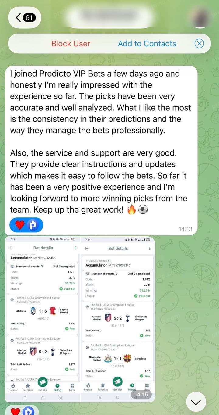 Telegram review from Liam: I joined Predicto VIP Bets a few days ago and honestly I'm really impressed with the experience so far. The picks have been very accurate and well analyzed. What I like the most is the consistency in their predictions and the way they manage the bets professionally. Also, the service and support are very good. They provide clear instructions and updates which makes it easy to follow the bets. So far it has been a very positive experience and I'm looking forward to more winning picks from the team. Keep up the great work! 🔥⚽