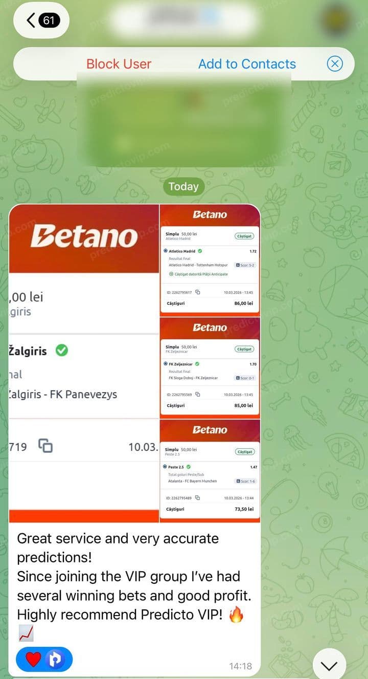 Telegram review from George: Great service and very accurate predictions! Since joining the VIP group I've had several winning bets and good profit. Highly recommend Predicto VIP! 🔥📈