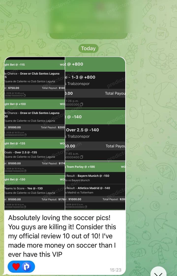 Telegram review from Mike: Absolutely loving the soccer pics! You guys are killing it! Consider this my official review 10 out of 10! I've made more money on soccer than I ever have this VIP