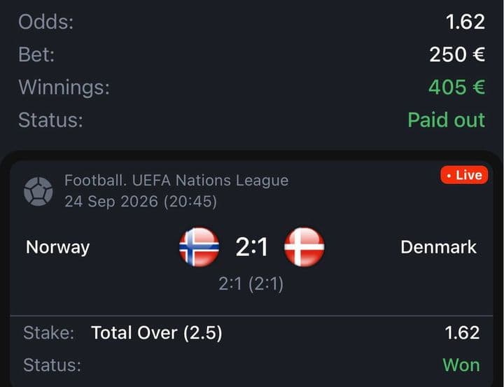 Winning bet slip: Norway 2:1 Denmark