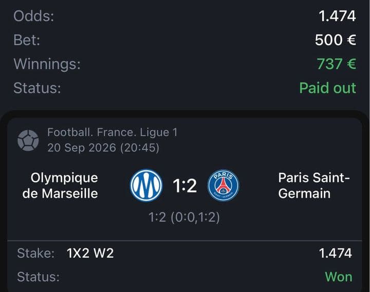Winning bet slip: Marseille 1:2 PSG