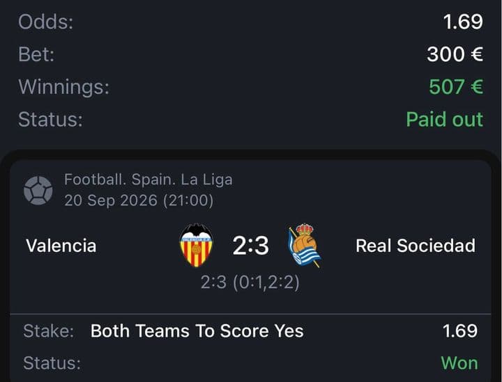 Winning bet slip: Valencia 2:3 Real Sociedad