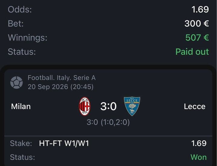 Winning bet slip: Milan 3:0 Lecce
