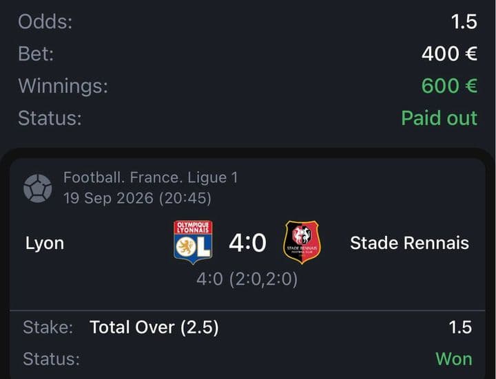 Winning bet slip: Lyon 4:0 Rennes