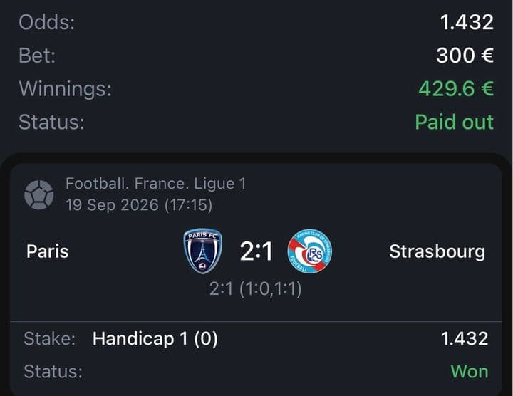 Winning bet slip: Paris FC 2:1 Strasbourg