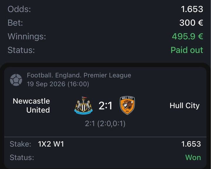Winning bet slip: Newcastle 2:1 Hull City