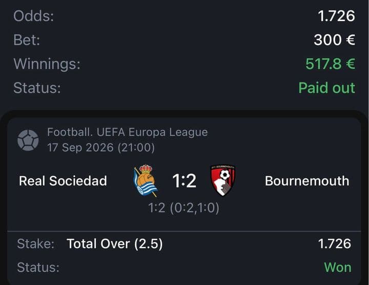 Winning bet slip: Real Sociedad 1:2 Bournemouth