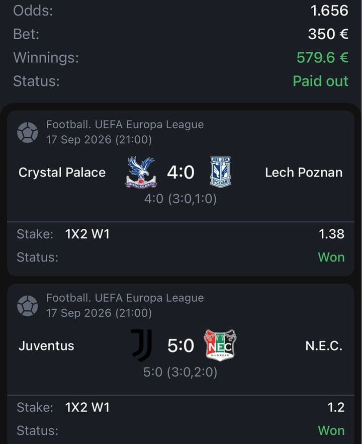 Winning bet slip: Crystal Palace 4:0 Lech Poznań, Juventus 5:0 NEC