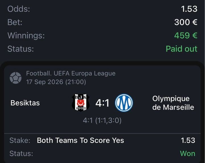 Winning bet slip: Beşiktaş 4:1 Marseille