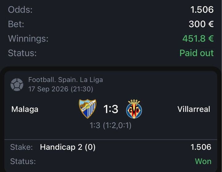 Winning bet slip: Málaga 1:3 Villarreal