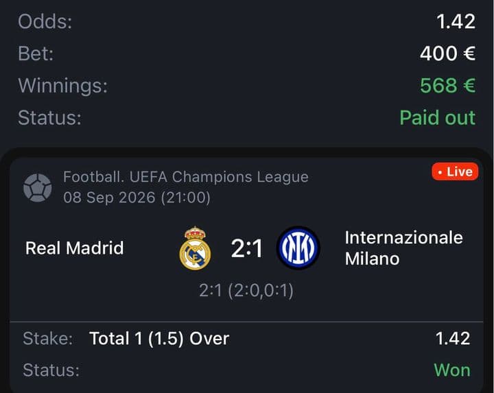 Winning bet slip: Real Madrid 2:1 Inter