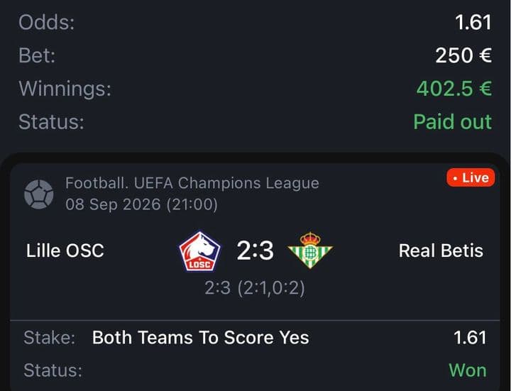 Winning bet slip: Lille 2:3 Real Betis