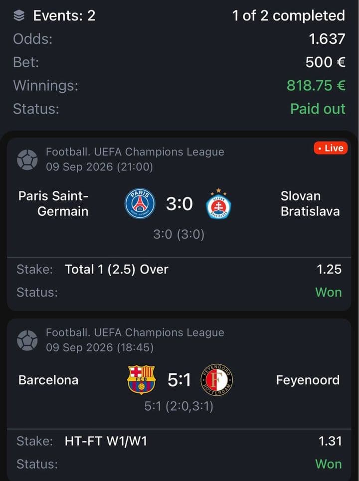 Winning bet slip: PSG 3:0 Slovan Bratislava, Barcelona 5:1 Feyenoord