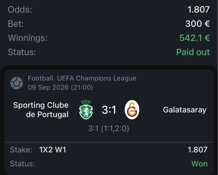 Winning bet slip: Sporting CP 3:1 Galatasaray