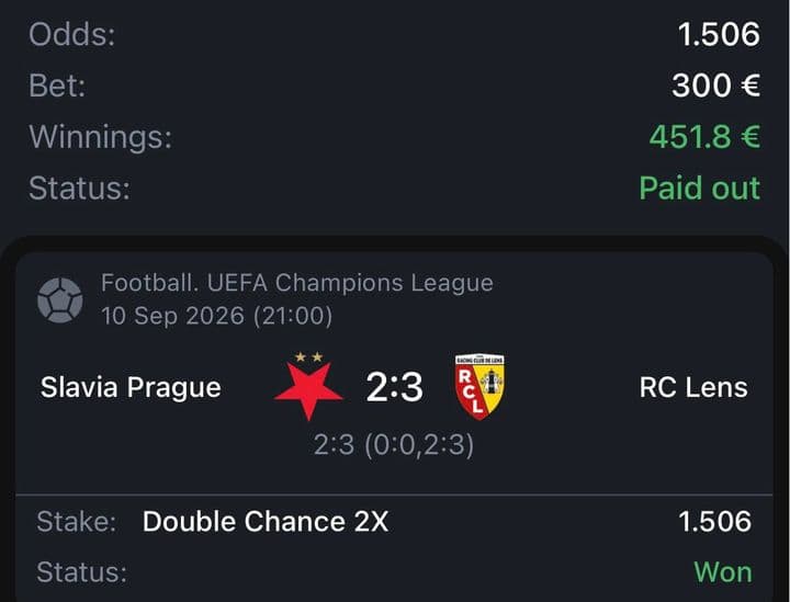 Winning bet slip: Slavia Prague 2:3 Lens