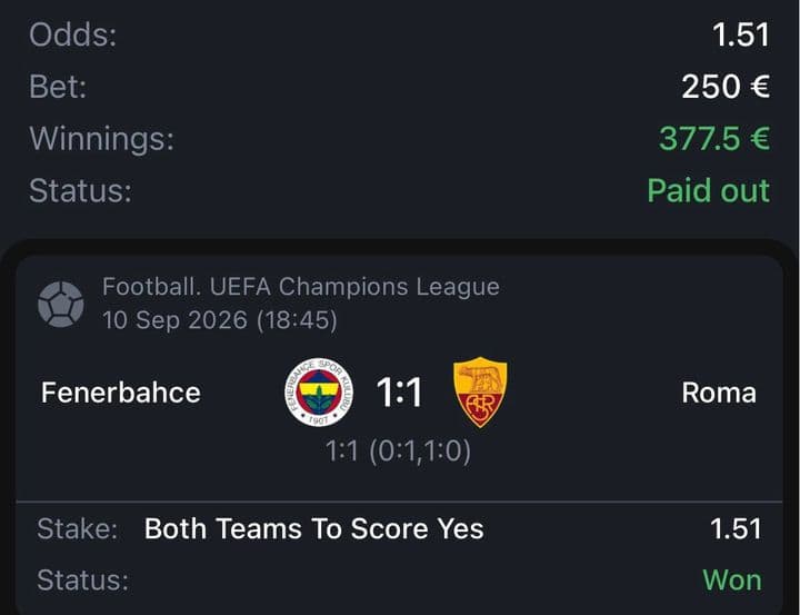 Winning bet slip: Fenerbahçe 1:1 Roma